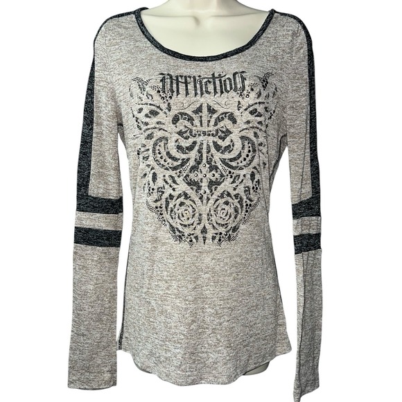 Affliction Tops - Affliction Long Sleeve Burnout Graphic Tee Gray Black Women's Size Small Studded